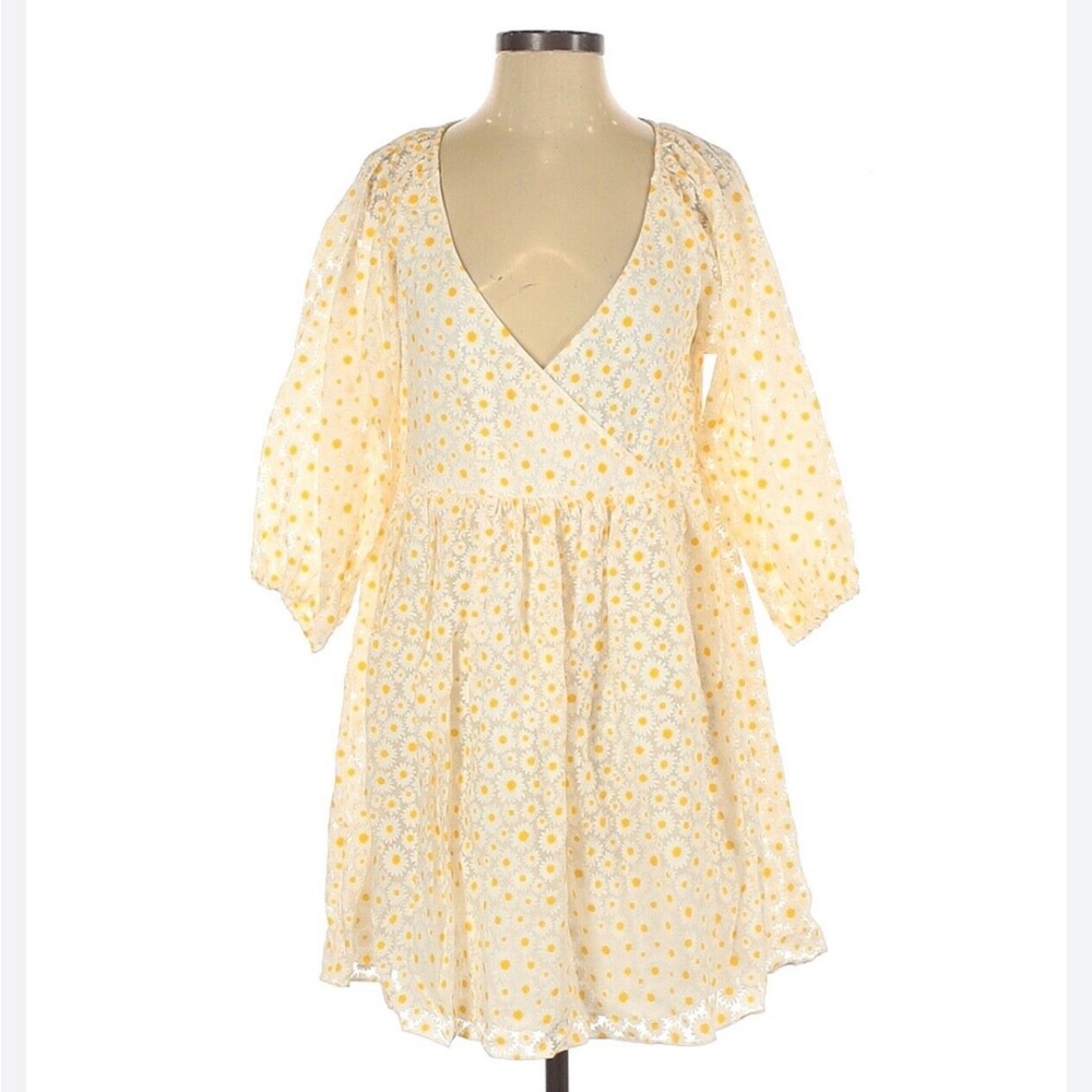 Women’s Yellow Floral V-Neck Midi Dress